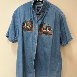 Faux Denim Shirt with Embroidered Forest Family
